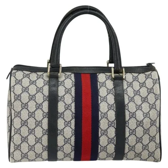 GUCCI GG Supreme Sherry Line Boston Bag PVC Navy Gold Red Auth 150128 - Picture 2 of 16